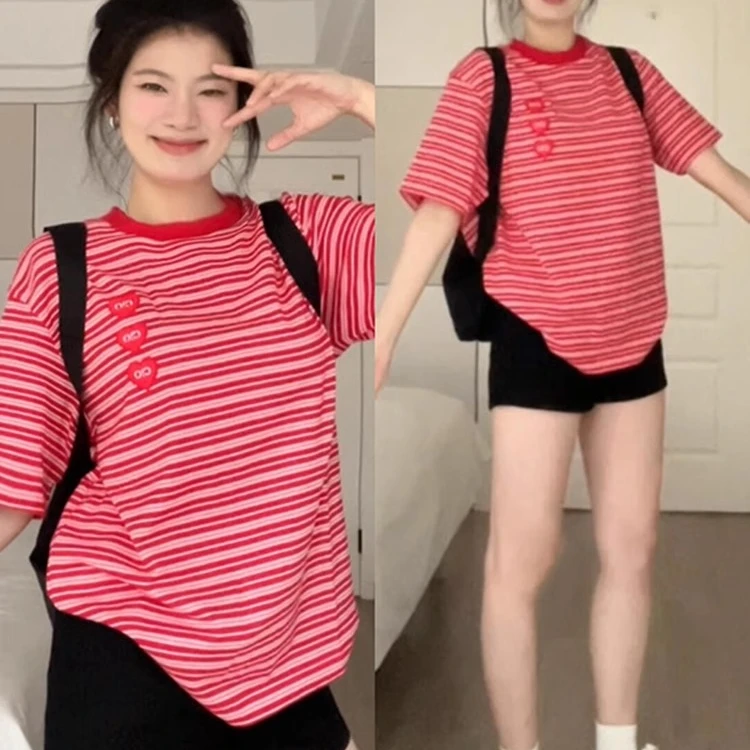 日系复古红色条纹t恤女短袖2024新款夏季设计感小众潮牌别致上衣