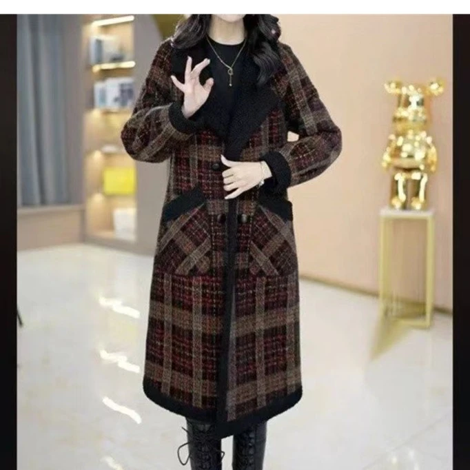 网红两面穿新款洋气时尚加厚毛呢外套女中长款妈妈保暖格子大衣