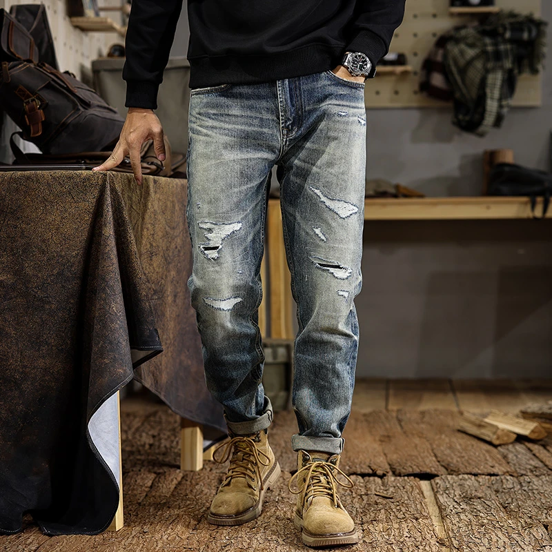 2024秋冬高端赤耳丹宁破洞牛仔裤男修身直筒弹力美式高街锥形长裤
