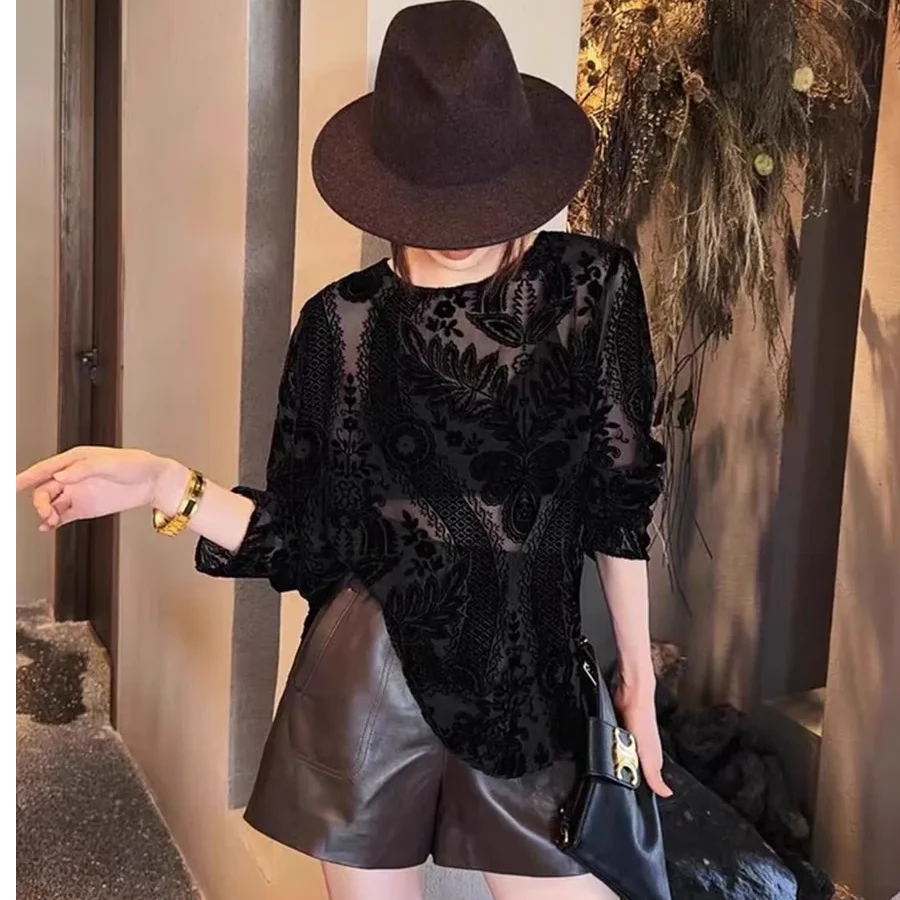 长袖/七分袖薄款植绒新款圆领欧货春夏款打底衫女高级感丝绒上衣
