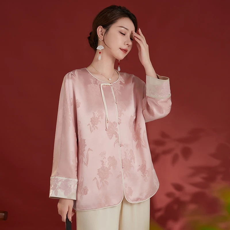 轻奢高端提花醋酸衬衫中国风圆领秋季气质外套2024新款插肩袖小衫