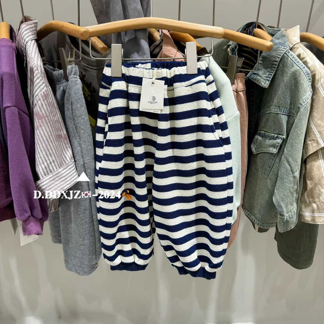 【蓝白.两道】2024秋款达不溜家原创儿童韩版定制面料条纹裤 5011