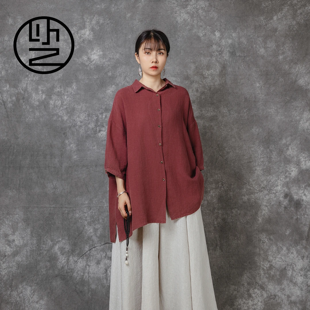 【以之】设计师品牌原创禅意复古纯色翻领亚麻衬衫显瘦大码上衣女