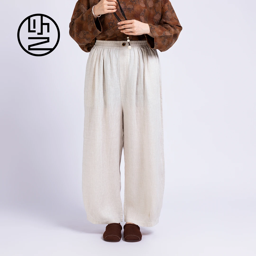 【以之】设计师品牌原创复古宽松大码百搭文艺松紧腰亚麻阔腿裤女