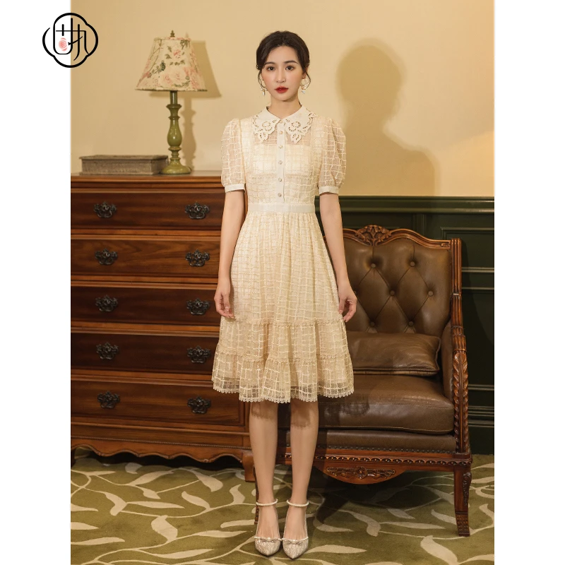 固执夏季新款镂空格子蕾丝刺绣格子中长连衣裙80122LQ07323