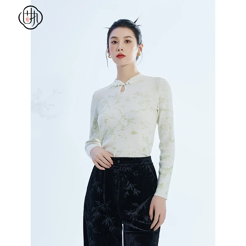 固执秋冬新款中式立领套头修身长袖印花针织衫毛衣女上衣