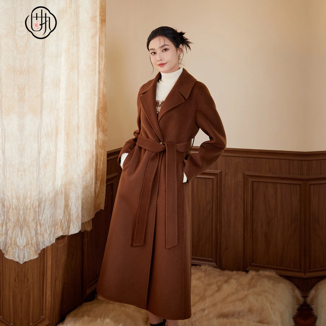 固执秋冬新款学院绑带双面毛呢大衣中长外套女97234MT08666气质