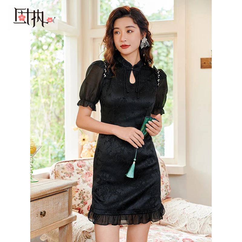 固执夏季新款中式复古改良短款短袖连衣裙00032QP07817气质黑色