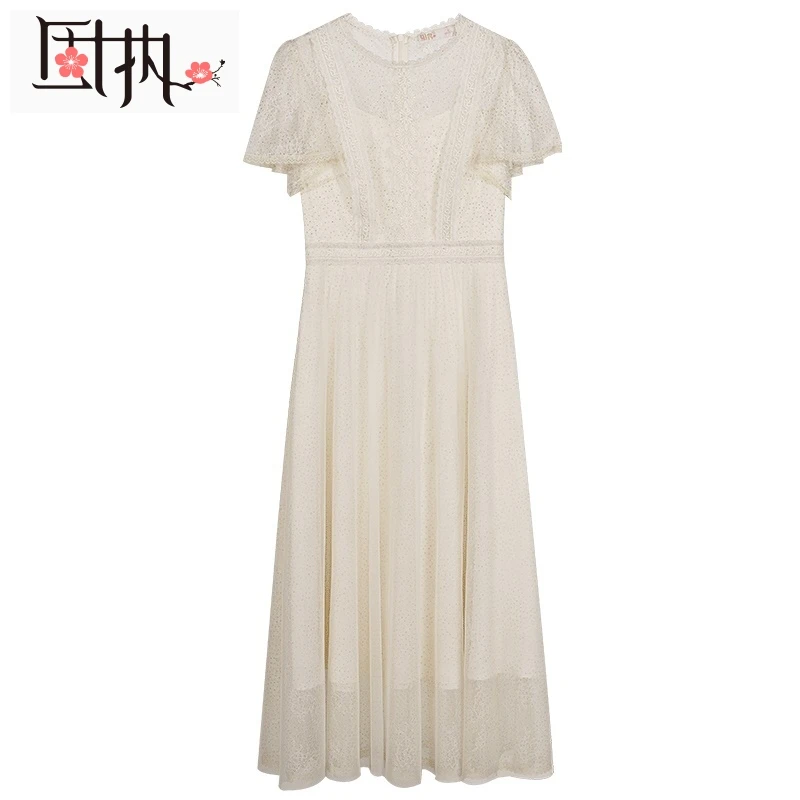 固执夏季圆领短袖仙女网纱蕾丝中长连衣裙80112LQ06518