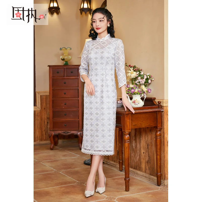 固执秋季新款中式改良中袖旗袍蕾丝中长连衣裙30033QP08280