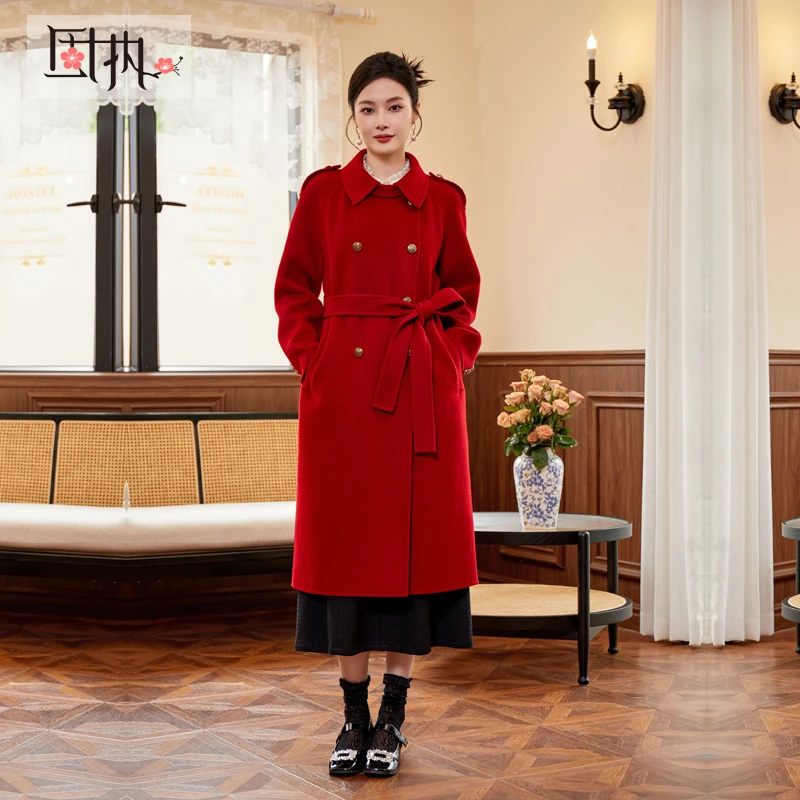 固执秋冬新款学院绑带中长款双面毛呢大衣外套女25234MT08682