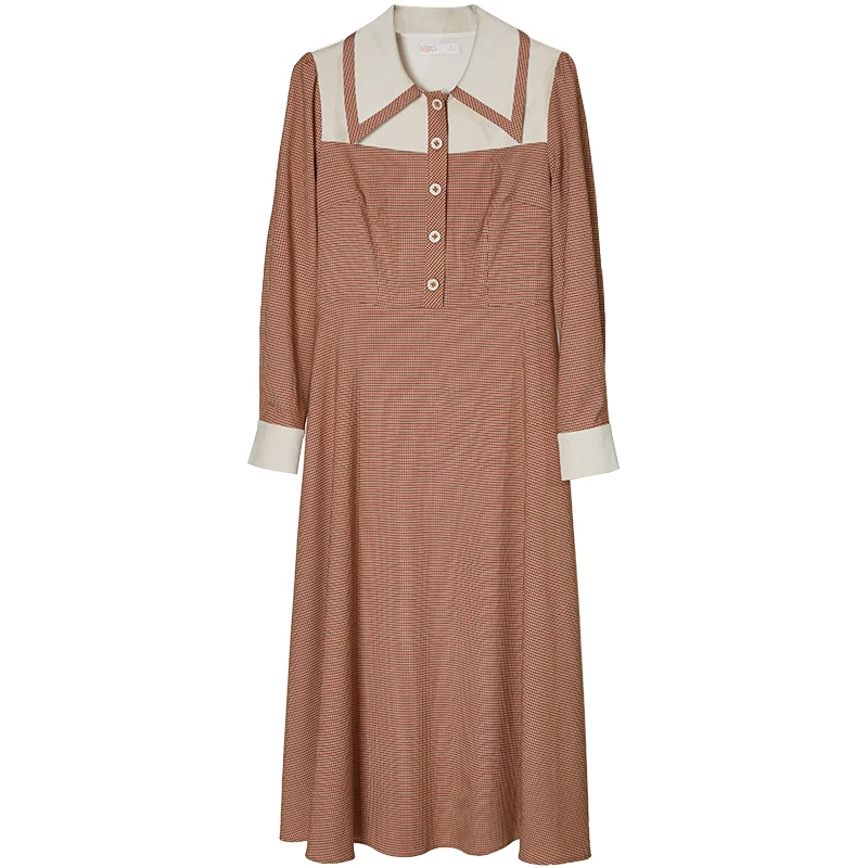 【诗语专属】固执秋季新品女装复古翻领长袖格纹中长连衣裙5623