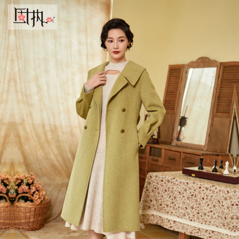 固执秋冬新款学院绑带双面毛呢大衣中长外套女42834MT08688