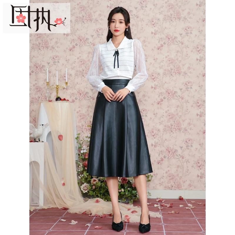 固执秋季新款学院风高腰pu皮裙中长款a字裙00023BQ07672连衣裙