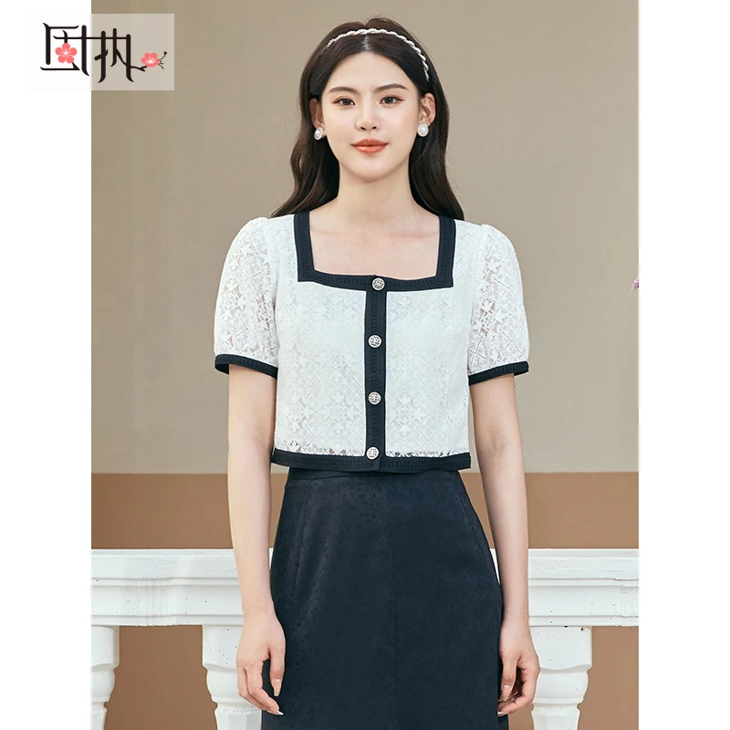 固执夏季新款方领短袖短款蕾丝衫上衣女装10832XS08075小香风复古