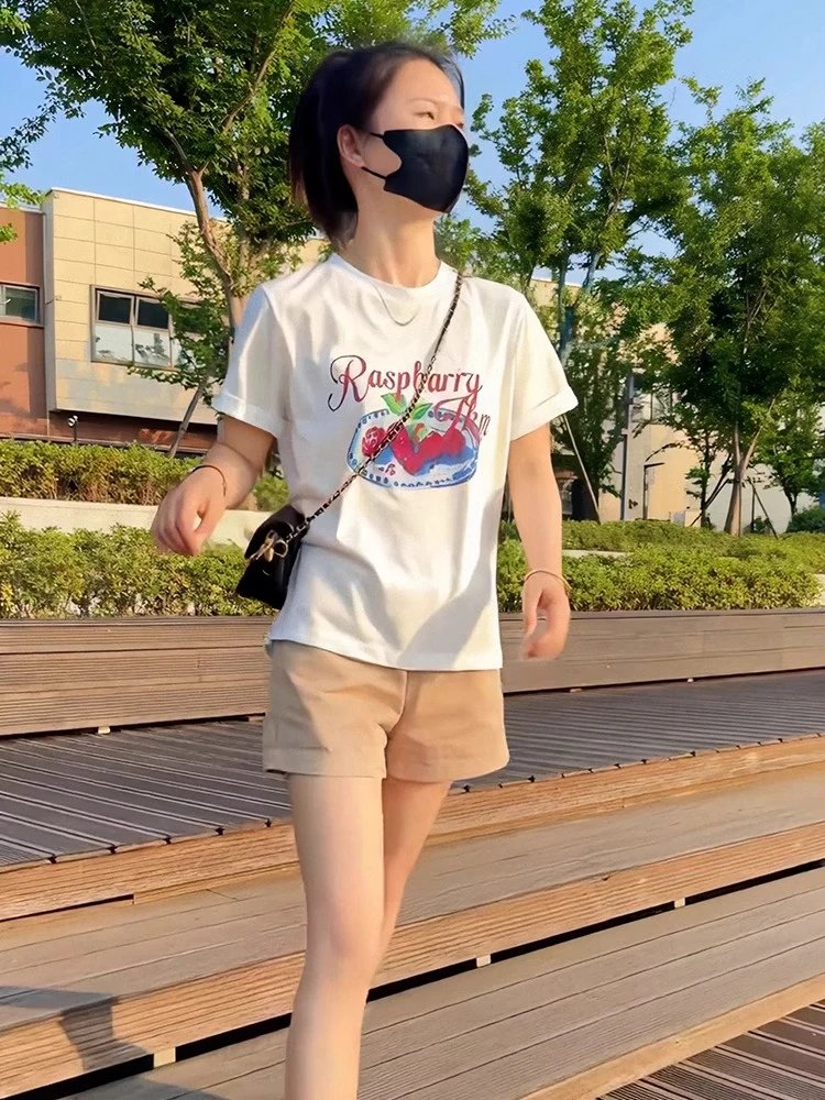 白色圆领小个子纯棉短袖t恤女夏季2024新款显瘦休闲百搭减龄上衣