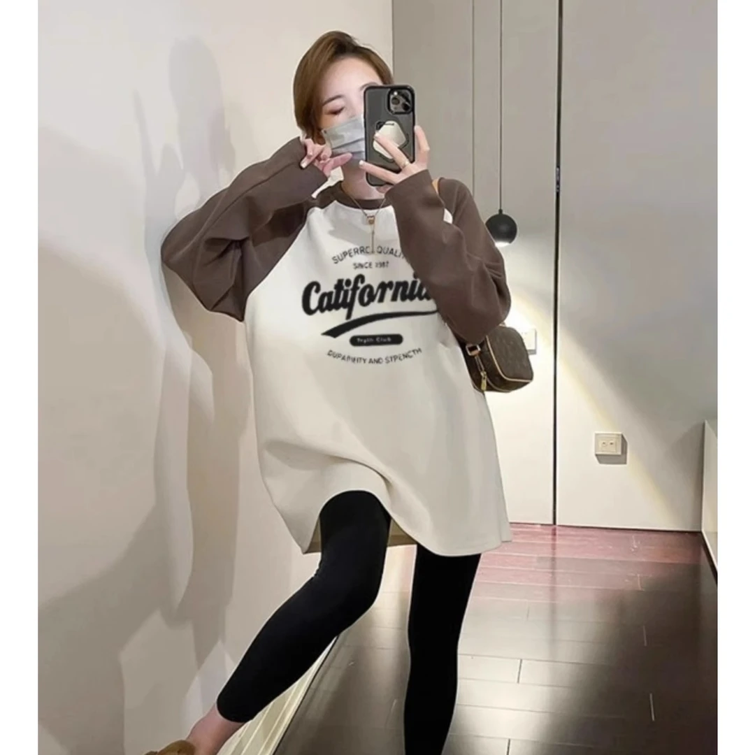 秋季新款长袖t恤女宽松拼接圆领配鲨鱼裤的中长款显瘦休闲ins女孩