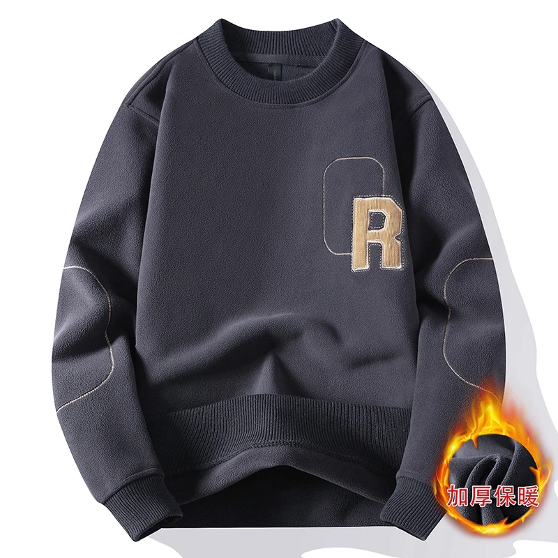 秋冬季休闲圆领加绒卫衣男奥粒绒宽松套头打底衫上衣加厚保暖百搭