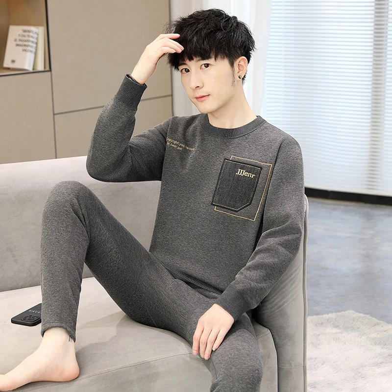 新款冬季羊羔绒保暖内衣套装男士加绒加厚纯棉秋衣秋裤青少年高端