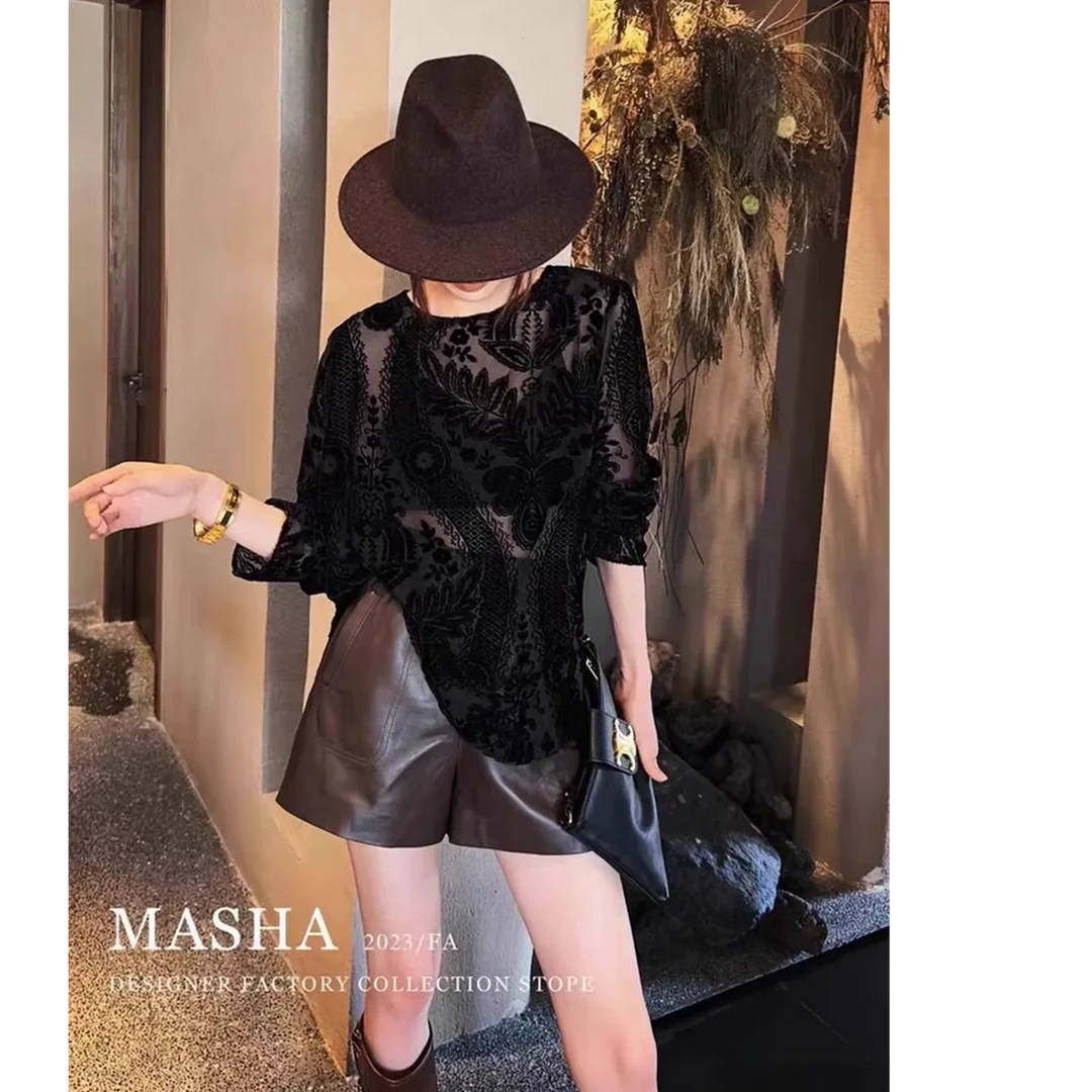 圆领欧货早秋打底衫2023新款女装气质小众高级感丝绒植绒上衣潮
