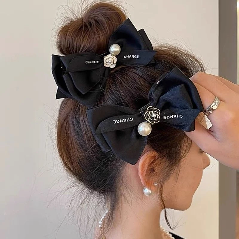 复古山茶花发夹珍珠发卡黑色丸子头抓夹后脑勺盘发头饰女发夹头饰