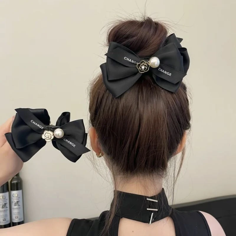 法式复古山茶花蝴蝶结气质女后脑勺百搭小香风发卡夹子丸子头抓夹