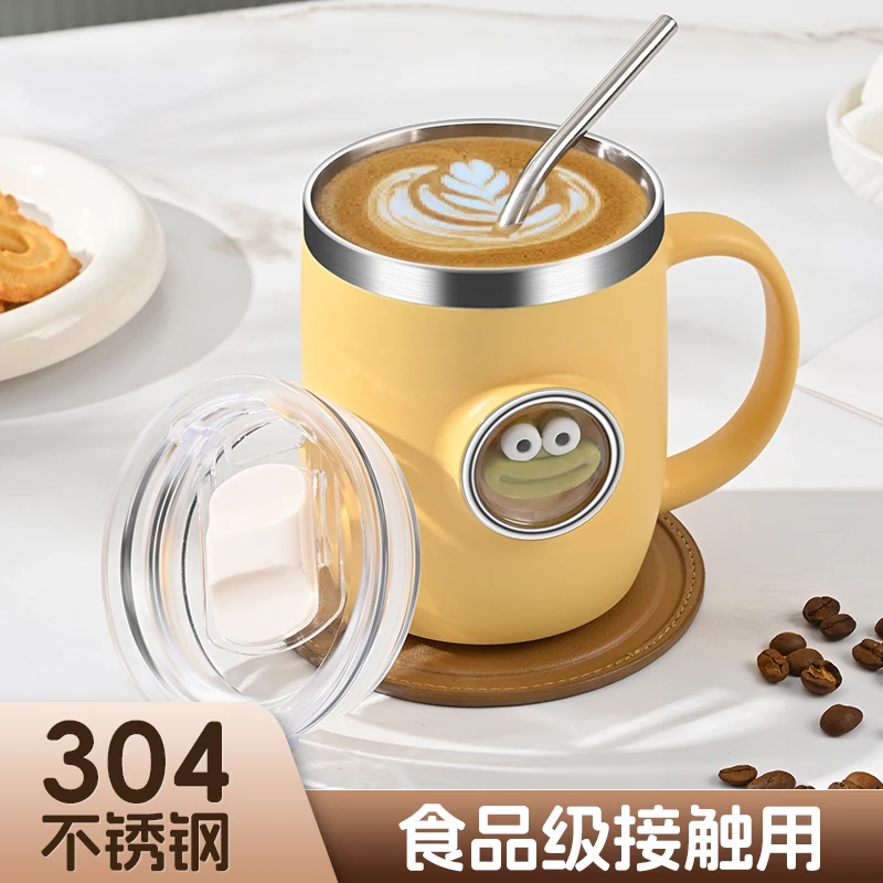 304不锈钢马克杯带盖家用卡通可爱防烫喝水杯办公室高颜值咖啡杯