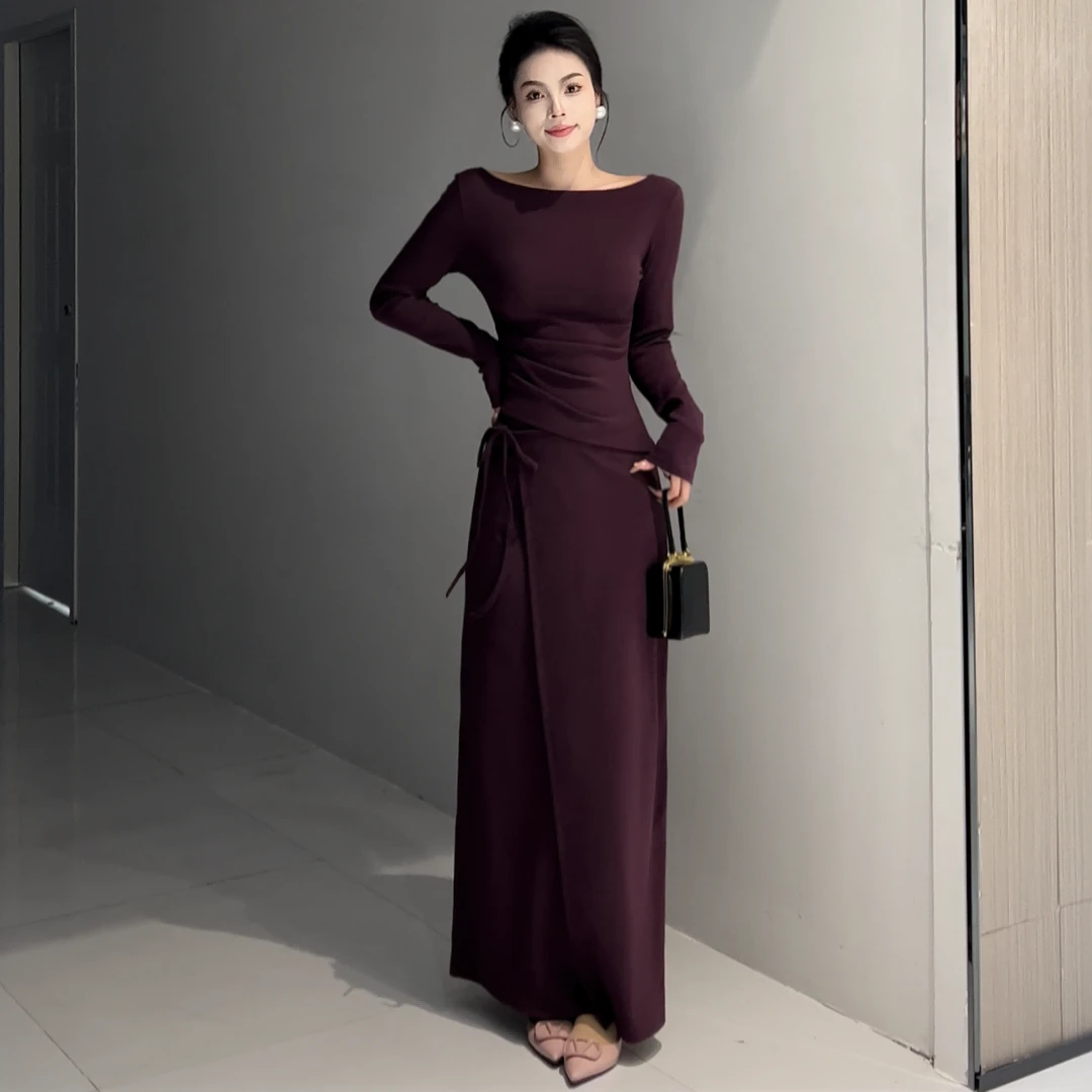 秋冬长袖德绒气质时尚两件套优雅百搭同色系上衣松紧腰半身裙长裙