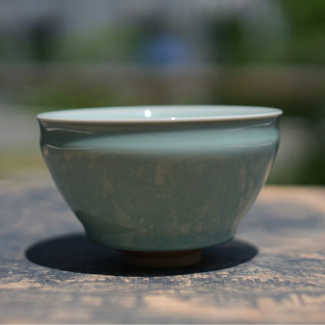 龙泉窑天青手工束口盏 手工茶具 陶瓷 纯手工主人杯天青色 青瓷