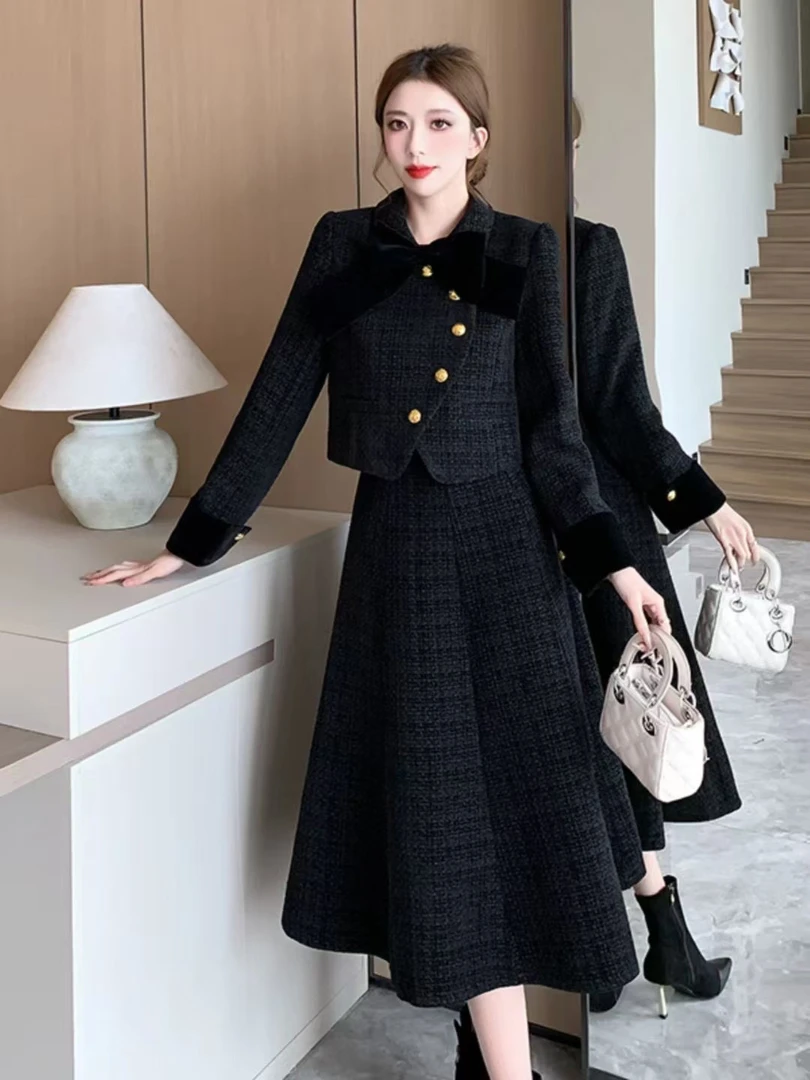 女装套装小香风黑色复古