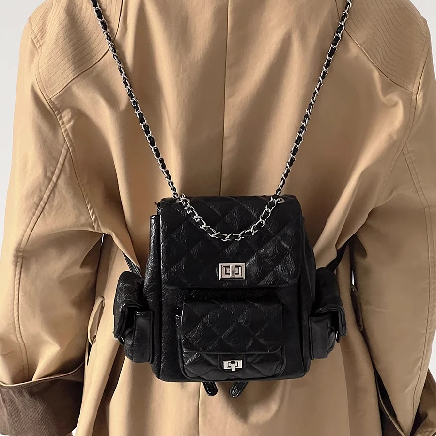 2024新款时尚多口袋小背包女迷你百搭小香风菱格链条双肩包包女