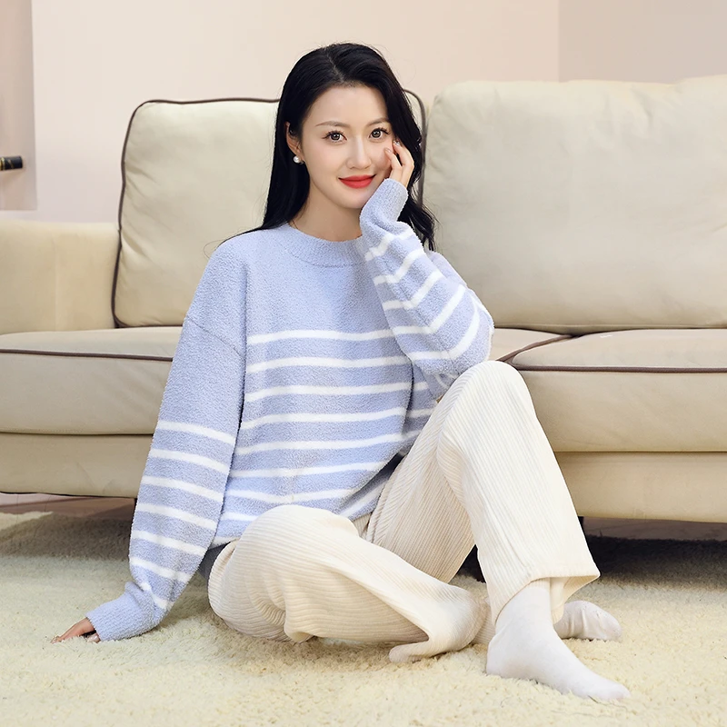 【慕斯半边绒条纹情侣家居服】明星同款软乎乎睡衣柔软舒适圆领套装