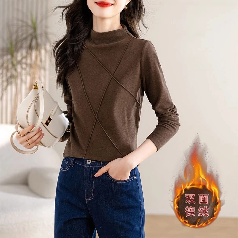 双面德绒长袖T恤女秋冬季加厚打底衫显瘦百搭修身YX002