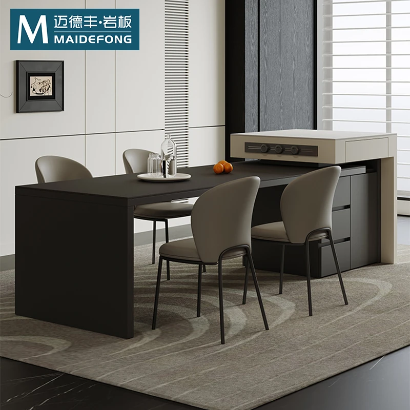 意式岛台餐桌一体家用可伸缩极简轻奢高级多功能带电磁炉岩板倒台