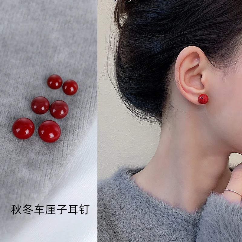 足银树脂耳饰 车厘子红耳钉 百搭复古简约耳环秋冬精致气质女耳饰