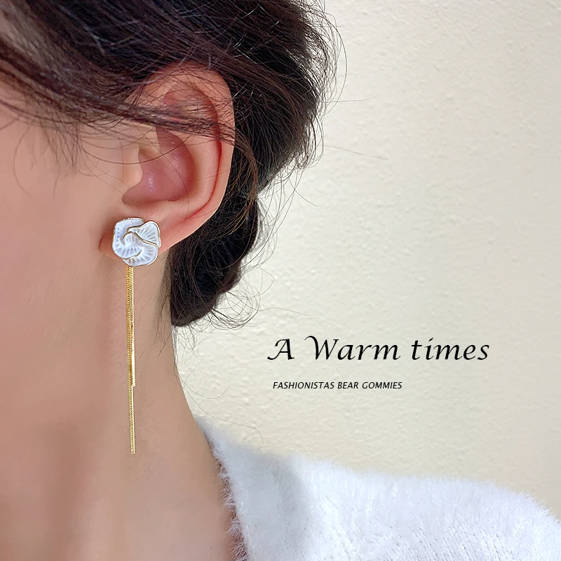 925银合成锆石耳饰 山茶花耳环气质轻奢百搭耳钉长款法式小众耳饰