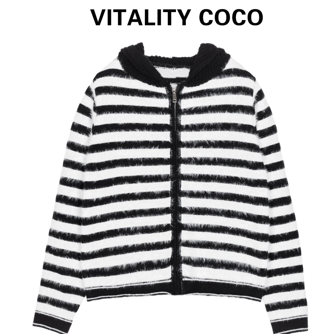 「VITALITY COCO」百搭毛衫带帽条纹连帽毛衣开衫外套针织衫694