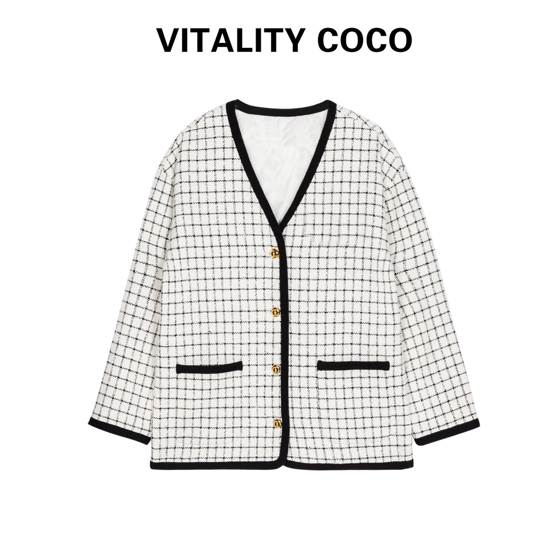 「VITALITY COCO」胸前植绒字母logo格子小香风毛呢外套女夹克-769