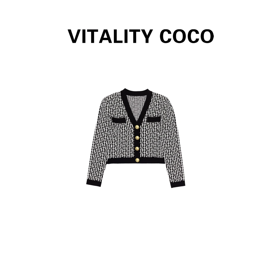 「VITALITY COCO」提花针织混纺短款开襟衫针织金扣外套上衣-928