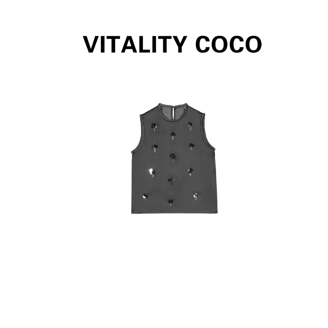 「VITALITY COCO」【繁花】夏季时尚手工立体钉珠无袖圆领马甲  -1153