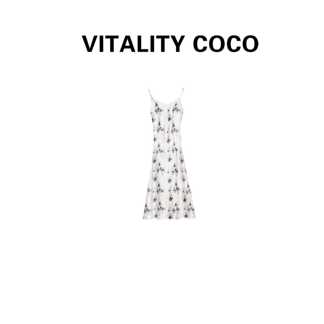 「VITALITY COCO」【墨染青竹】 新中式复古无袖吊带连衣裙长裙-1145