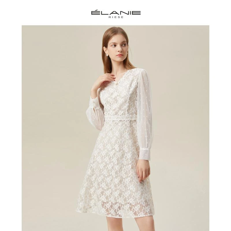 ELANIE RIESE V领网纱提花高腰长袖约会连衣裙 E20UF0411L