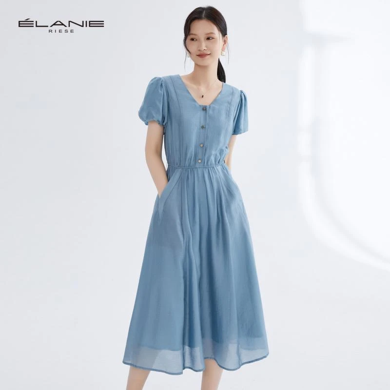 【小云总专属】依兰 新款单排扣泡泡袖显瘦雪纺连衣裙 E21W4C06L3