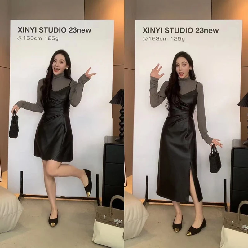 XINYI【微甜板栗】秋季PU皮吊带连衣裙女收腰显瘦气质X623A01992