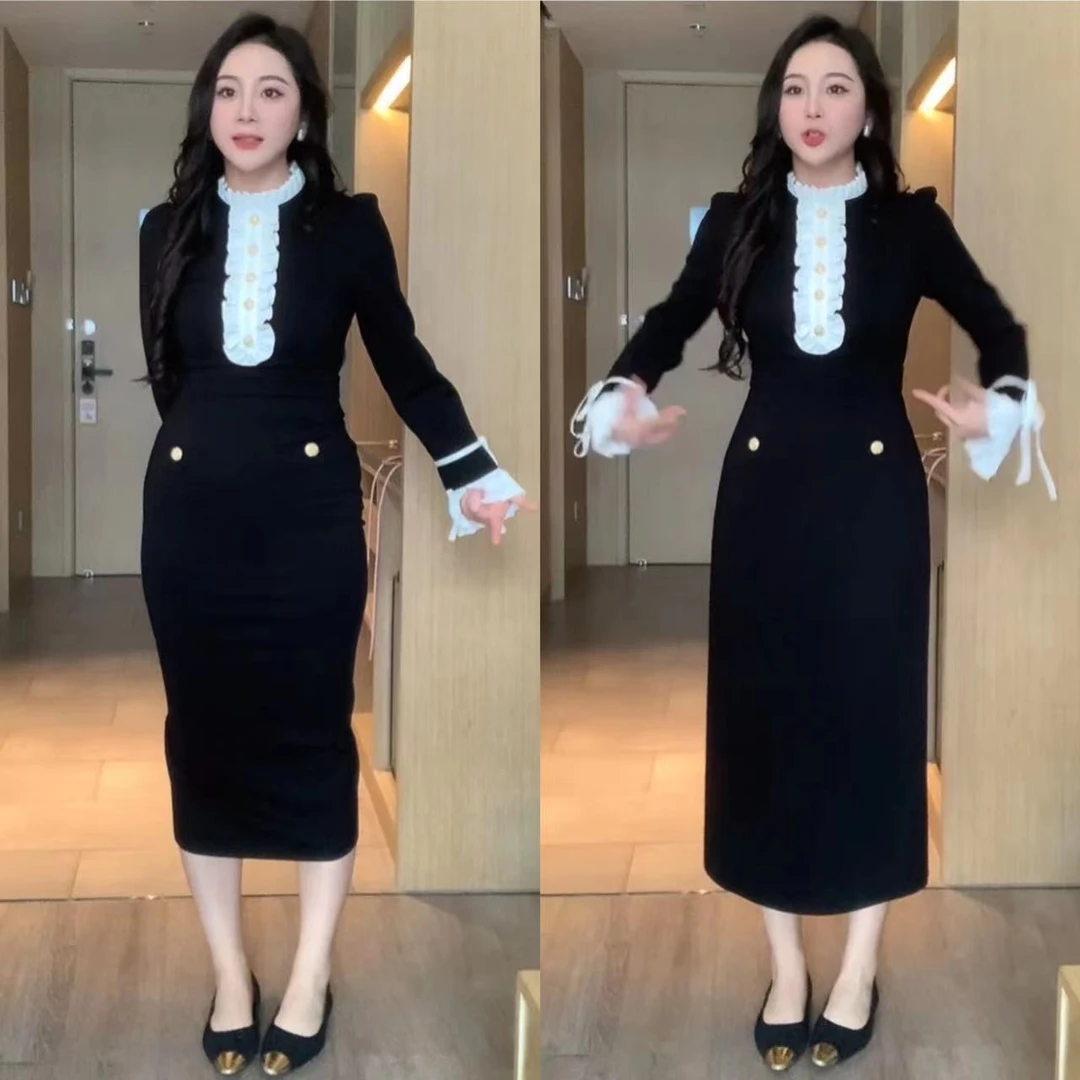 XINYI【歌剧魅影2.0】秋季轻奢撞色连衣裙收腰显瘦气质裙X623Q02155