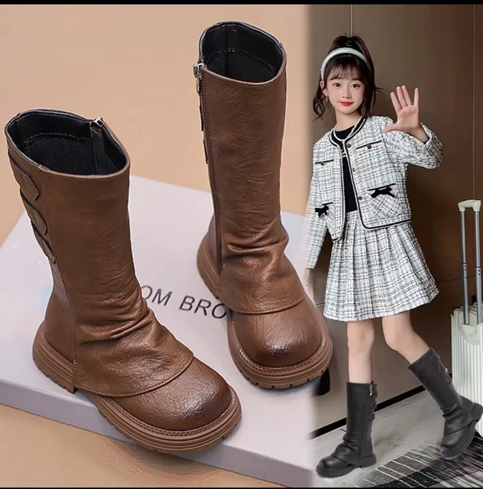 26-37码秋冬新款童鞋儿童皮靴女童高筒靴小女孩公主靴二棉长筒靴