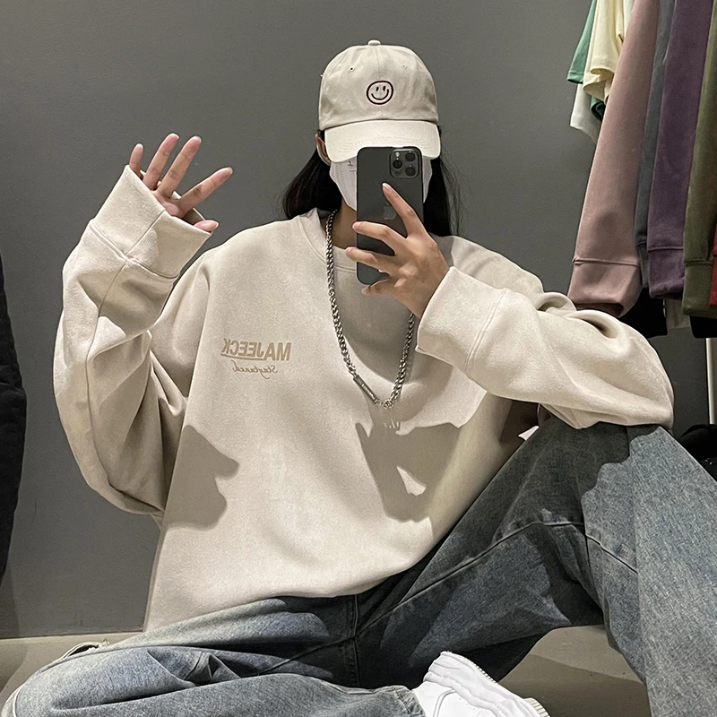 秋季仿麂皮绒重磅宽松圆领长袖情侣套头卫衣潮流美式复古男女外套