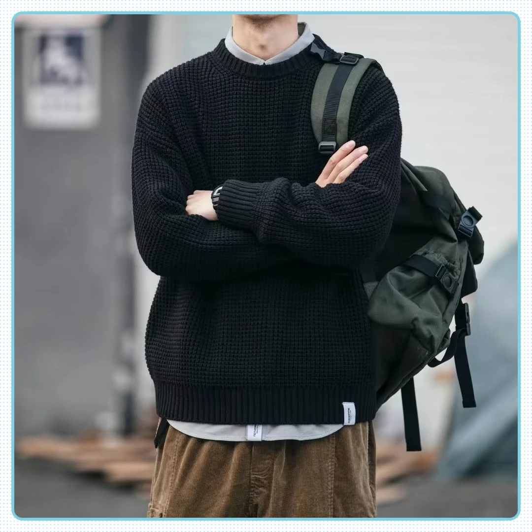 日系复古圆领毛衣男士秋冬新款潮流贴标基础款纯色休闲加厚针织衫