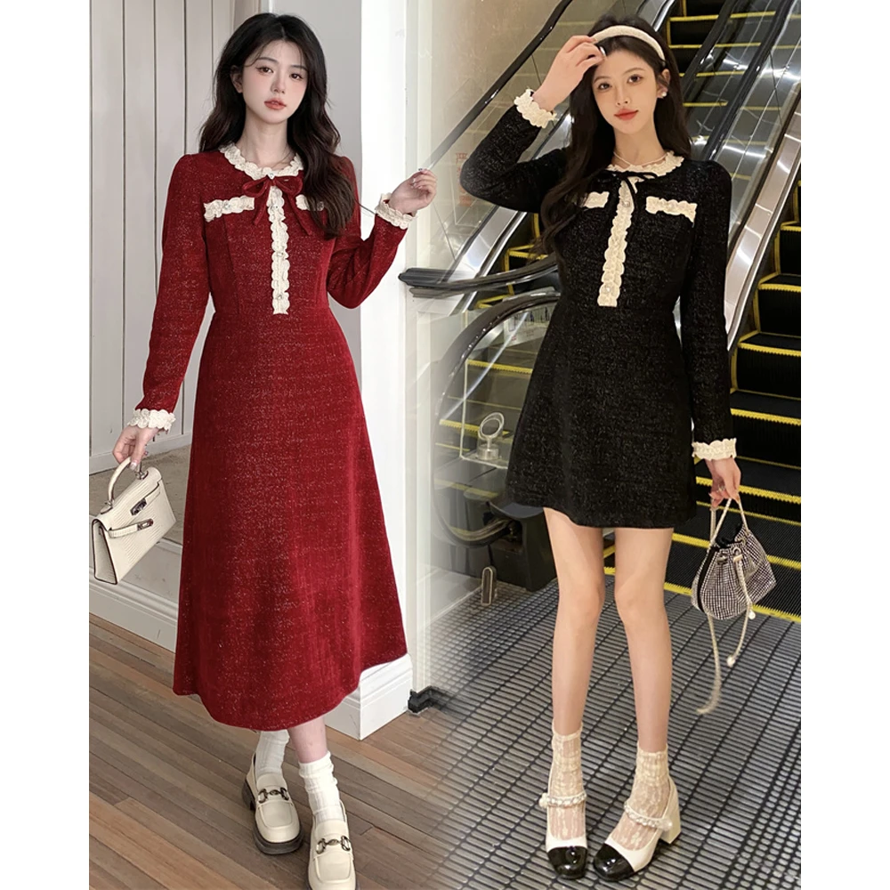 红色连衣裙秋冬高级感大码女装胖MM冬新款显瘦内搭微胖小香风裙子