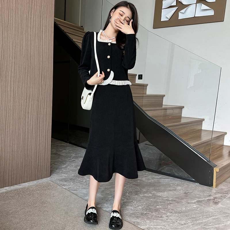 大码女装小香风两件套小黑裙女长袖套裙气质春秋2024新款时尚显瘦
